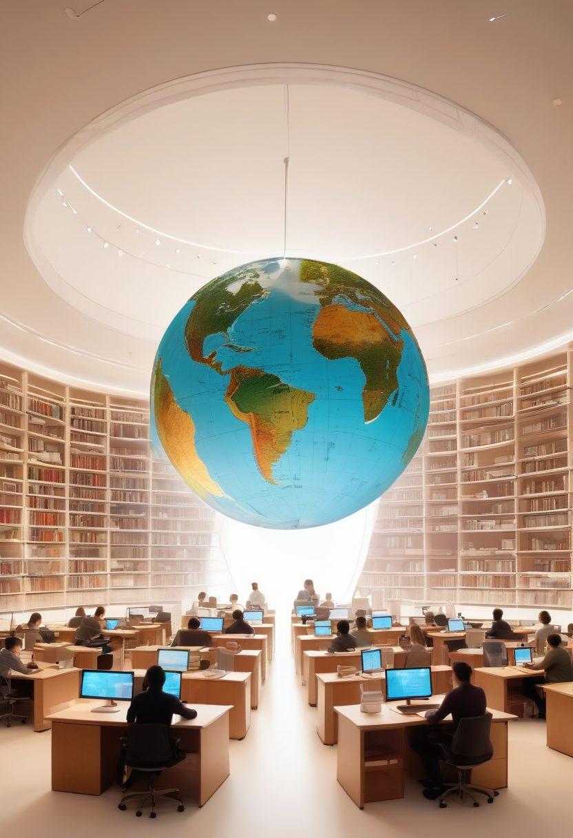 A serene library filled with books and digital screens displaying academic papers, surrounded by diverse scholars discussing research. A large globe emphasizing global collaboration in research, with data visualizations floating around. Warm lighting to create an inviting atmosphere. super-realistic. vibrant colors. white background.