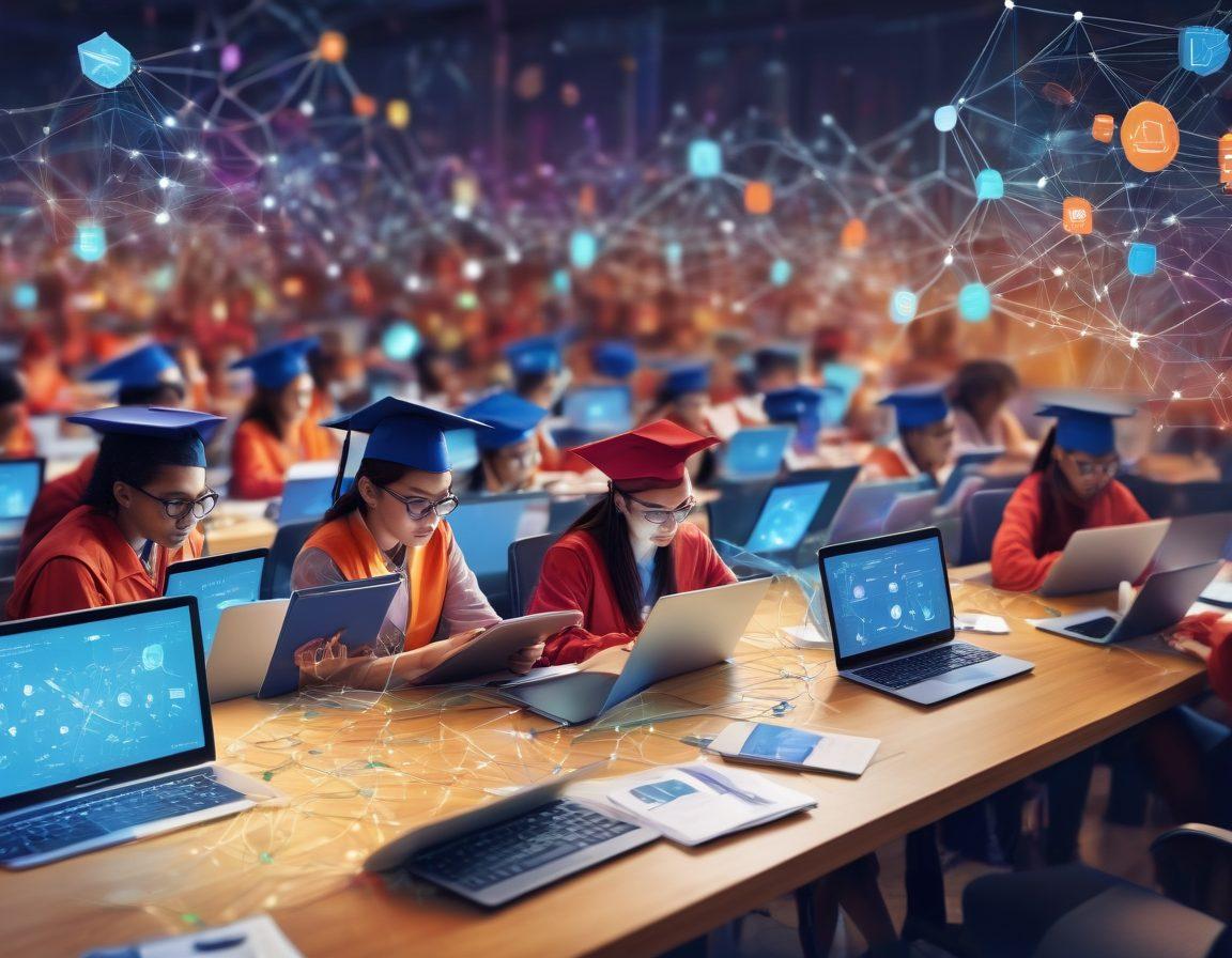 A visually striking illustration showcasing a diverse group of students using various devices (laptops, tablets, smartphones) to access data on scholarships. In the background, a network of interconnected nodes symbolizes seamless data flow, with vibrant infographics displaying scholarship information. Include elements like graduation caps and academic books to highlight education. The overall mood should be motivational and inspiring. vibrant colors. super-realistic.