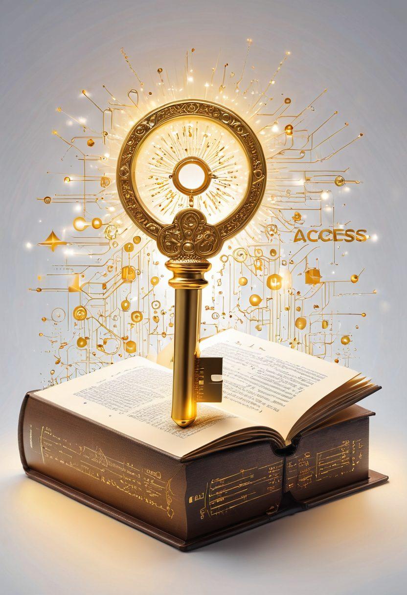 An intricate golden key unlocking a large, glowing book representing open access research. Surrounding the key are scattered digital symbols like graphs, charts, and academic tools symbolizing empowerment in research. The background features a dynamic library filled with light and innovation. super-realistic. vibrant colors. white background.